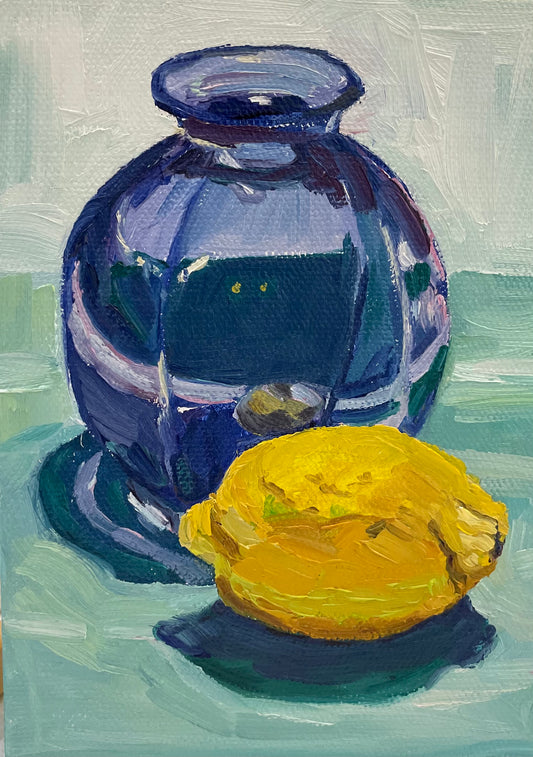 Iridescent Blue Vase with Lemon